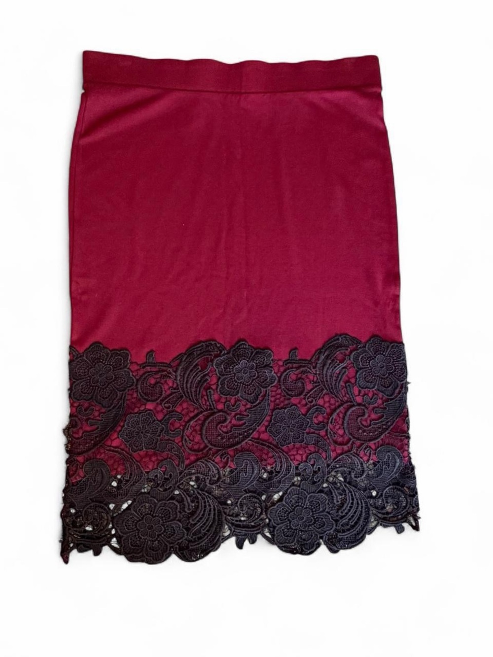 Burgundy midi skirt with black lace trim